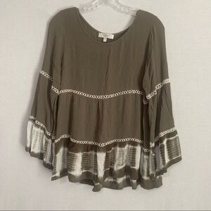 Entro Anthropologie Sz M Olive Green Tie Dye Ruffled Boho Tunic Top Lagenlook